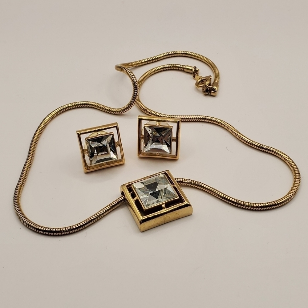 Avon Gold Tone Necklace and Earrings Set with Clear Square Stones